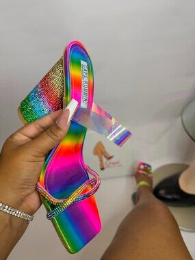 Cape Robbin Beatrizia Rainbow Rhinestone Clear Strap Heels Size 9